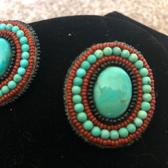 Turquoise Stone and Red/Black Beaded Earrings - Picture 4 of 6